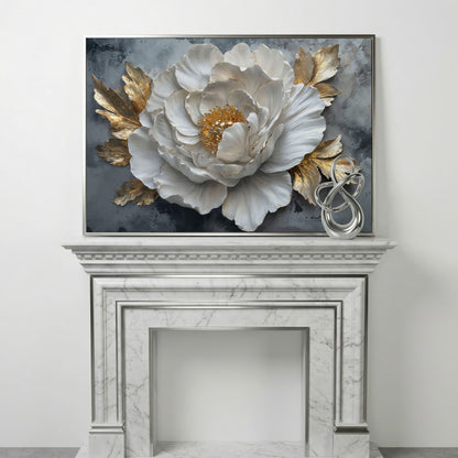 White Flower with Golden Leaves Canvas Print in silver floating frame