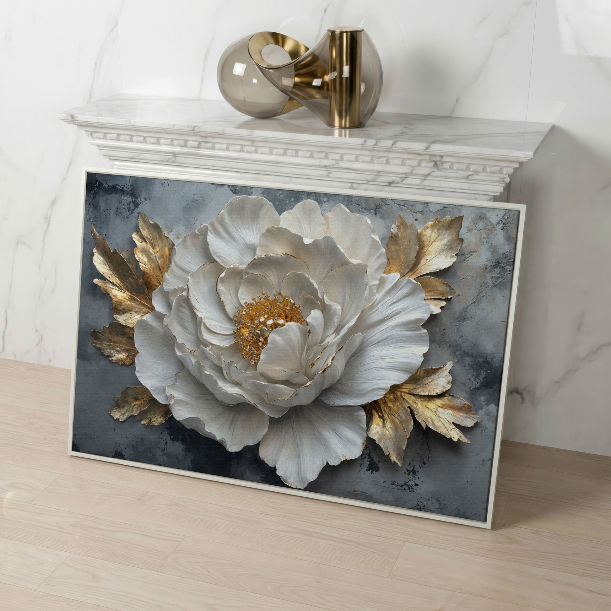 White Flower with Golden Leaves Canvas Print in white floating frame