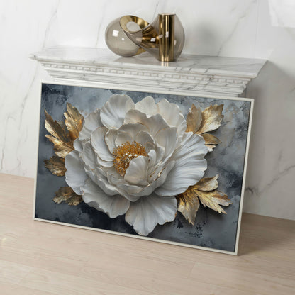 White Flower with Golden Leaves Canvas Print in white floating frame
