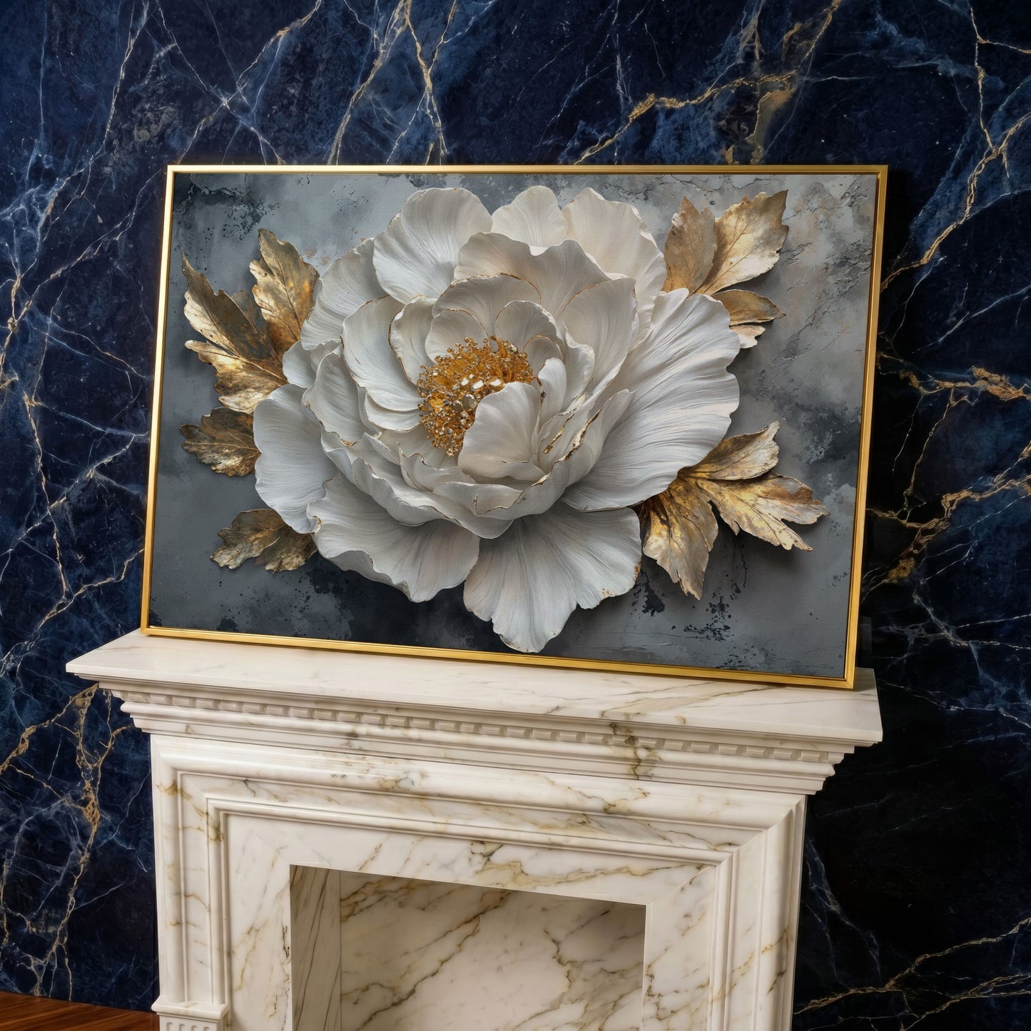 White Flower with Golden Leaves Canvas Print in yellow gold floating frame
