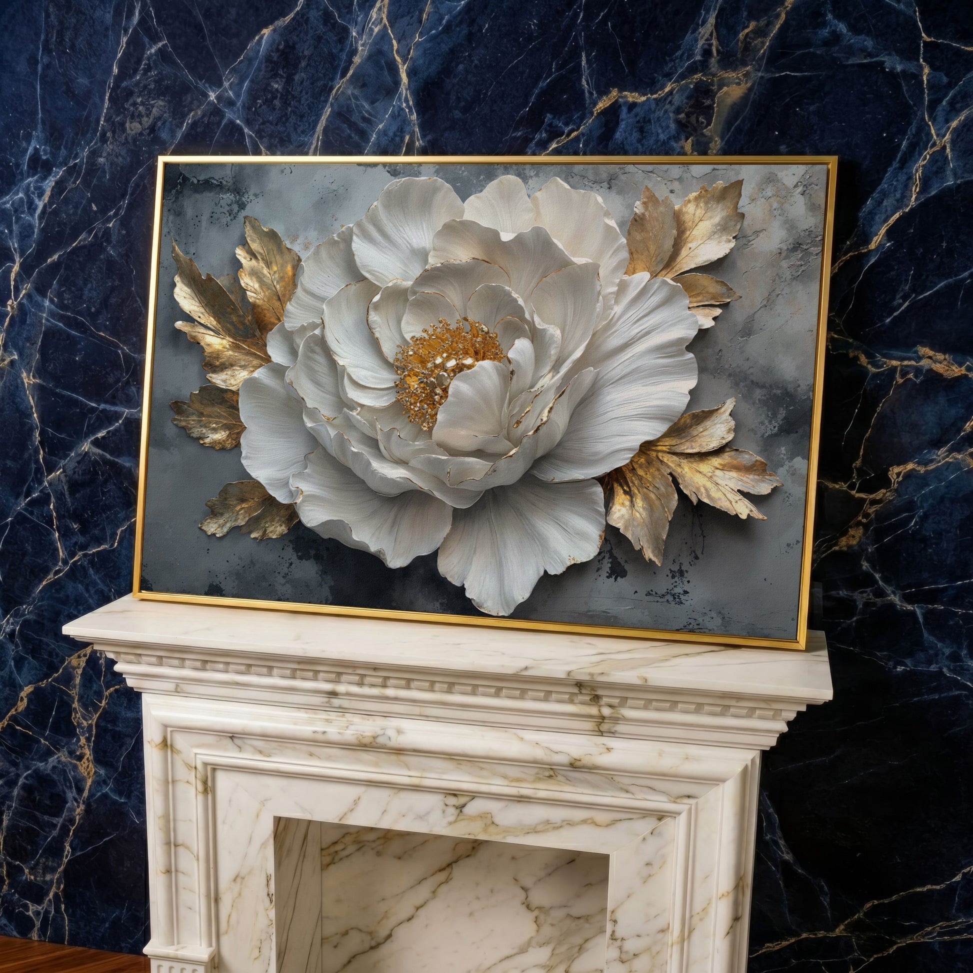 White Flower with Golden Leaves Canvas Print in yellow gold floating frame