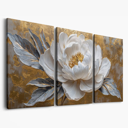 White Blossom Canvas Print, Panoramic Floral Art as 3-panel split version