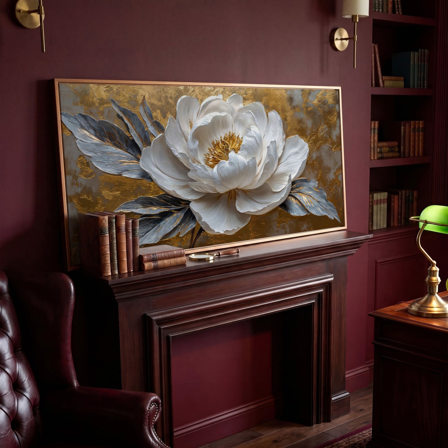 White Blossom Canvas Print, Panoramic Floral Art in antique gold floating frame