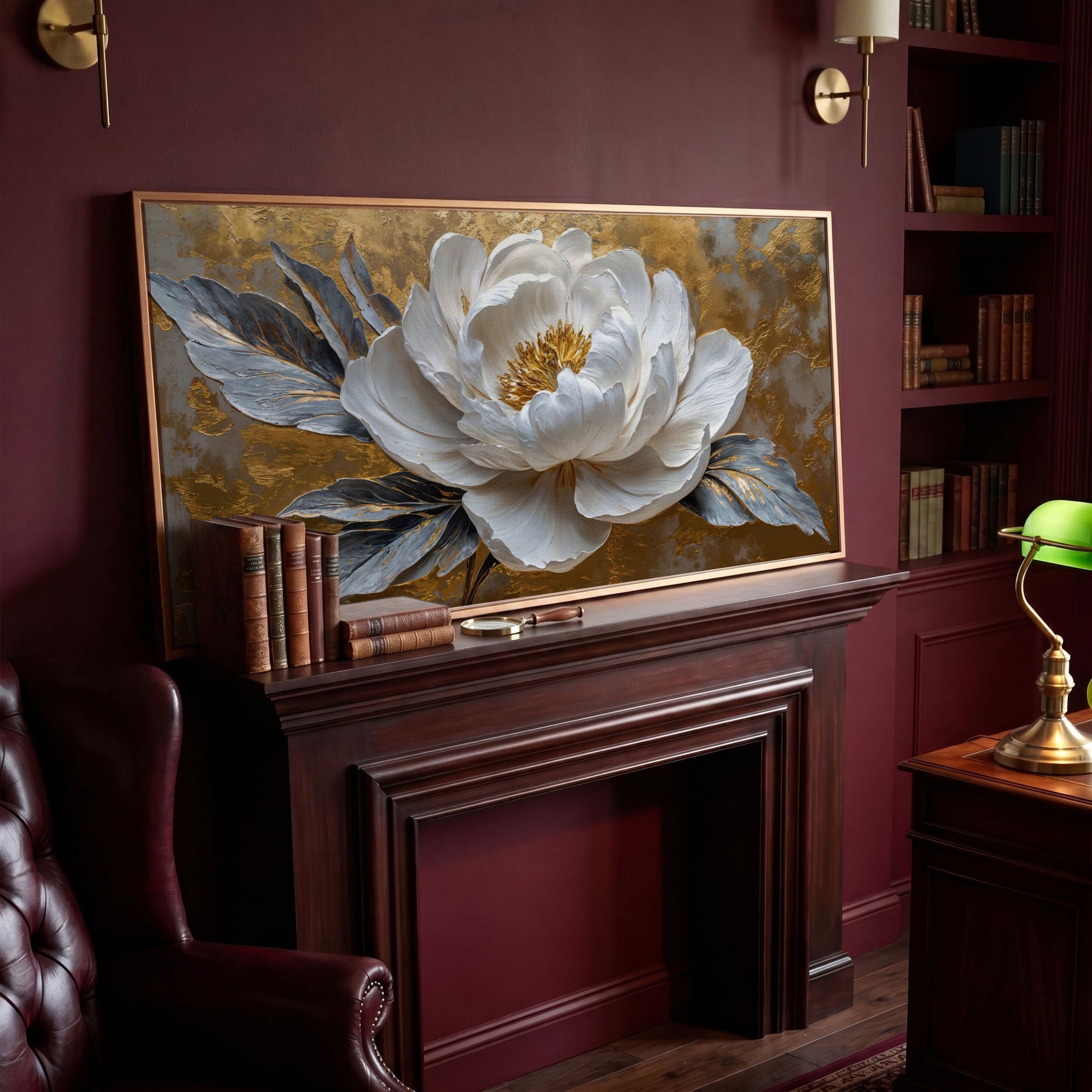 White Blossom Canvas Print, Panoramic Floral Art in antique gold floating frame