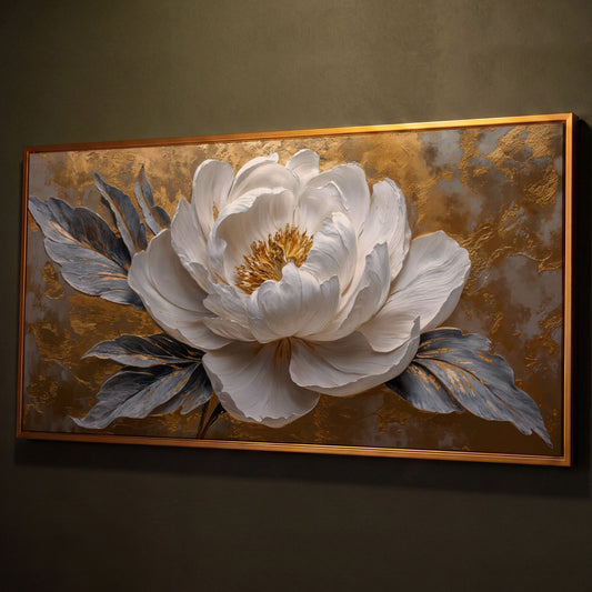 White Blossom Canvas Print, Panoramic Floral Art shown in antique gold floating frame