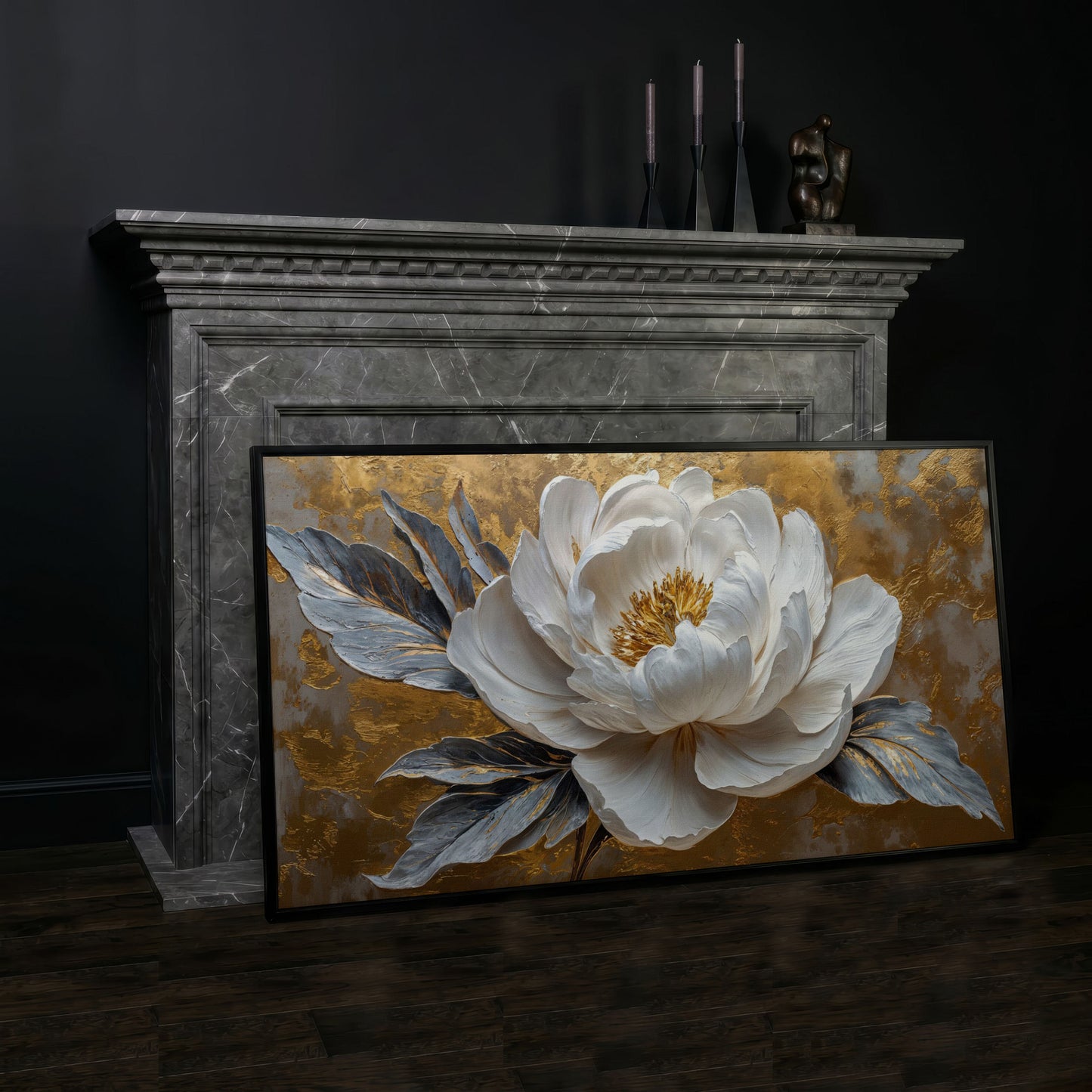 White Blossom Canvas Print, Panoramic Floral Art in black floating frame