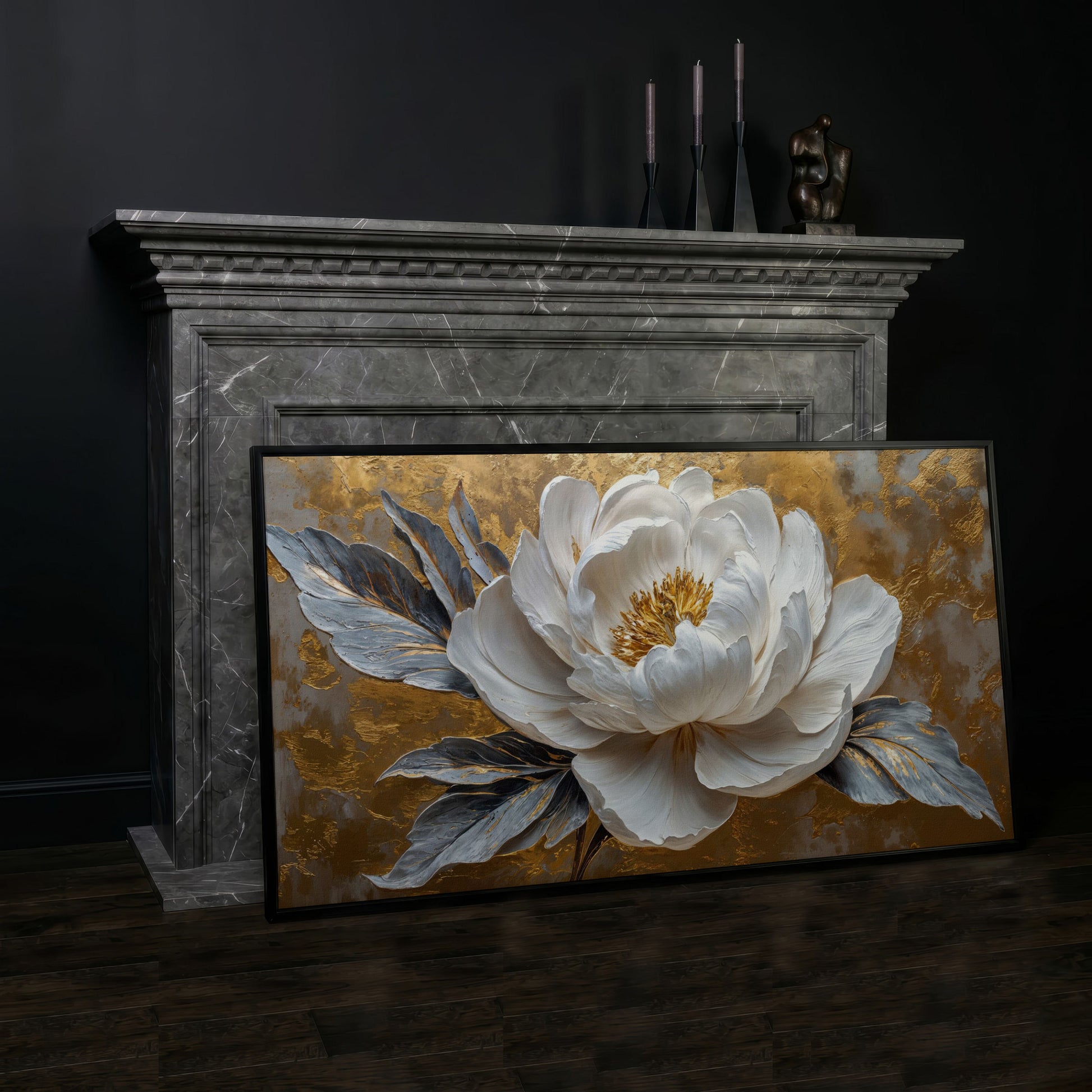 White Blossom Canvas Print, Panoramic Floral Art in black floating frame