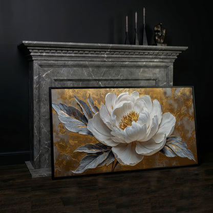 White Blossom Canvas Print, Panoramic Floral Art in black floating frame