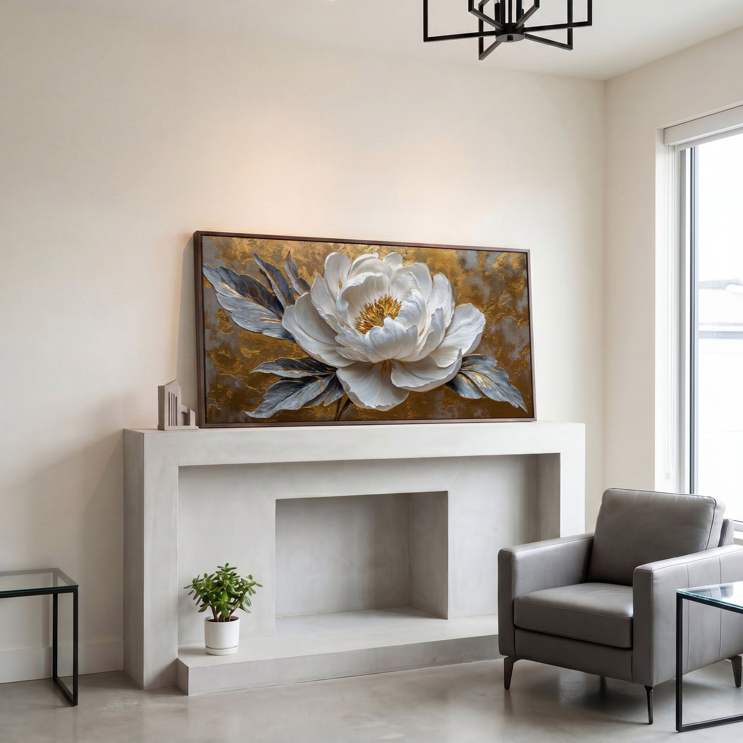 White Blossom Canvas Print, Panoramic Floral Art in dark walnut floating frame