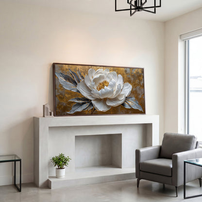 White Blossom Canvas Print, Panoramic Floral Art in dark walnut floating frame