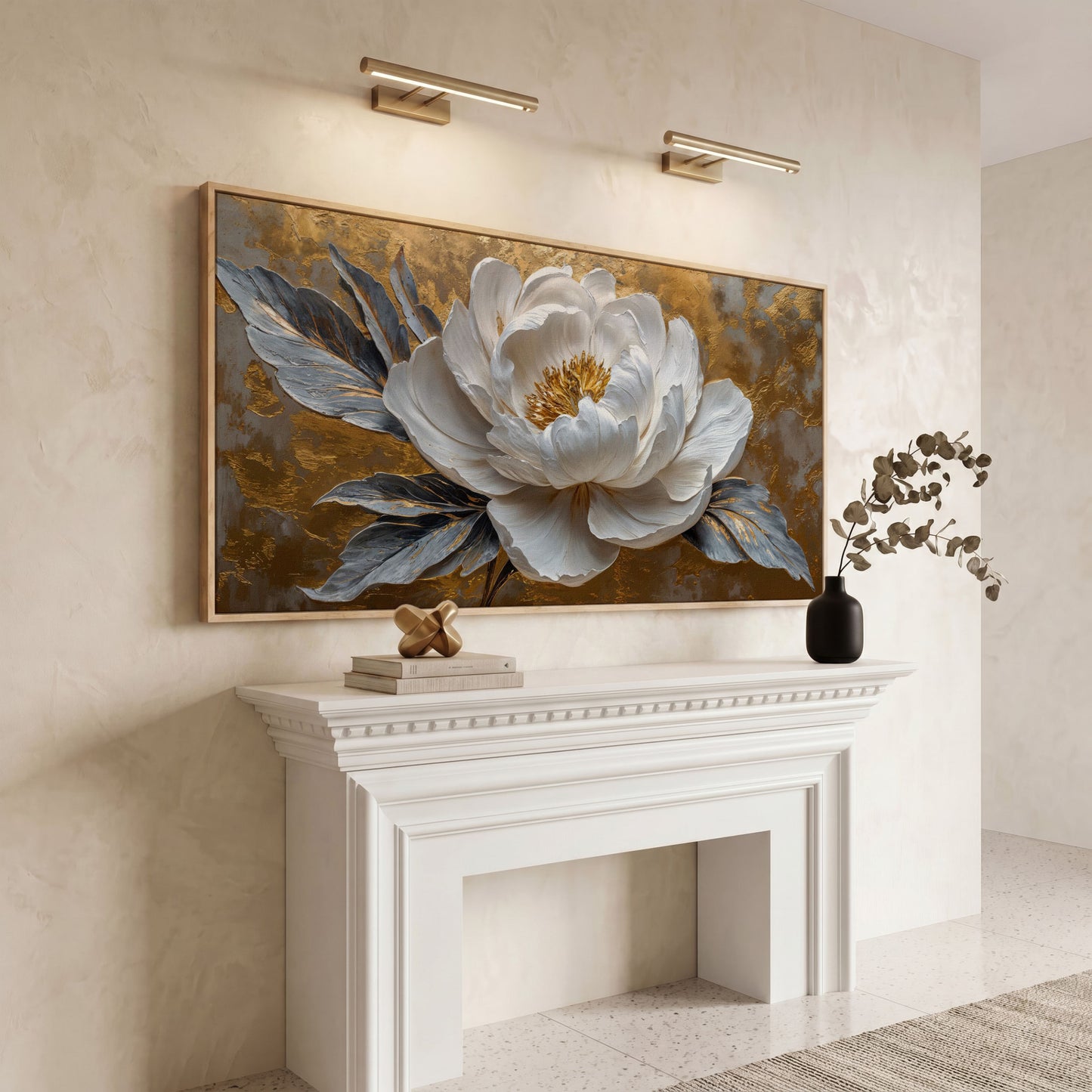 White Blossom Canvas Print, Panoramic Floral Art in white oak floating frame