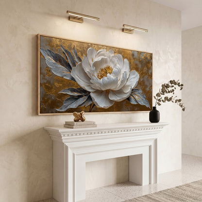 White Blossom Canvas Print, Panoramic Floral Art in white oak floating frame
