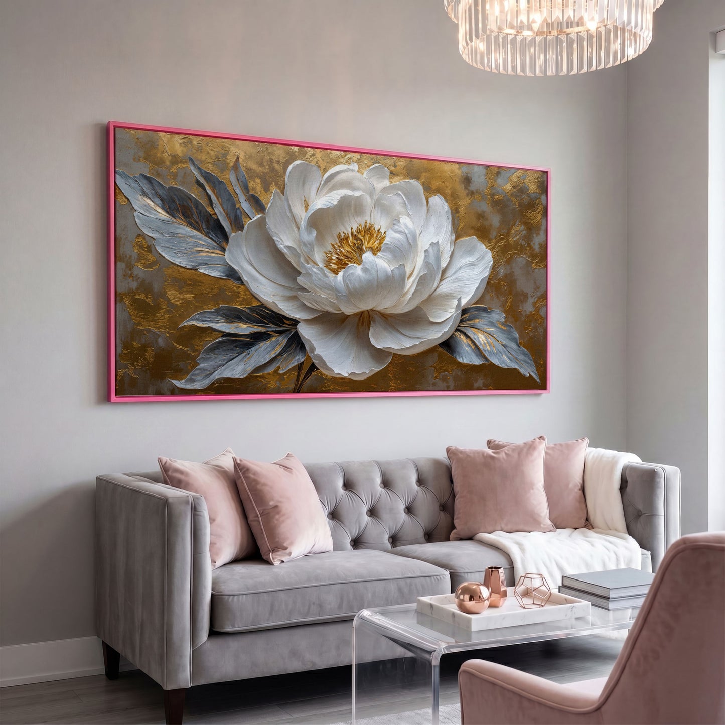 White Blossom Canvas Print, Panoramic Floral Art in pink floating frame
