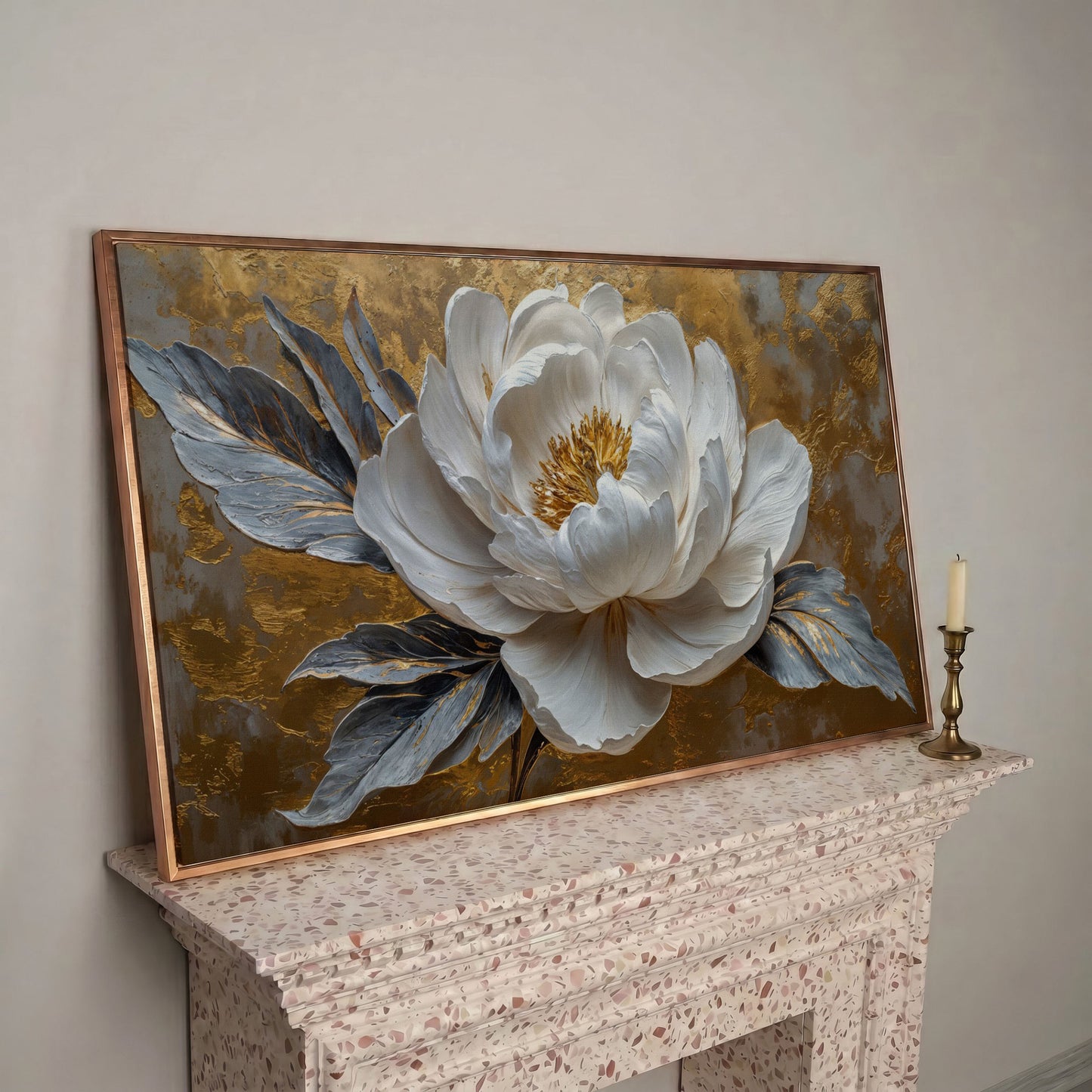 White Blossom Canvas Print, Panoramic Floral Art in rose gold floating frame