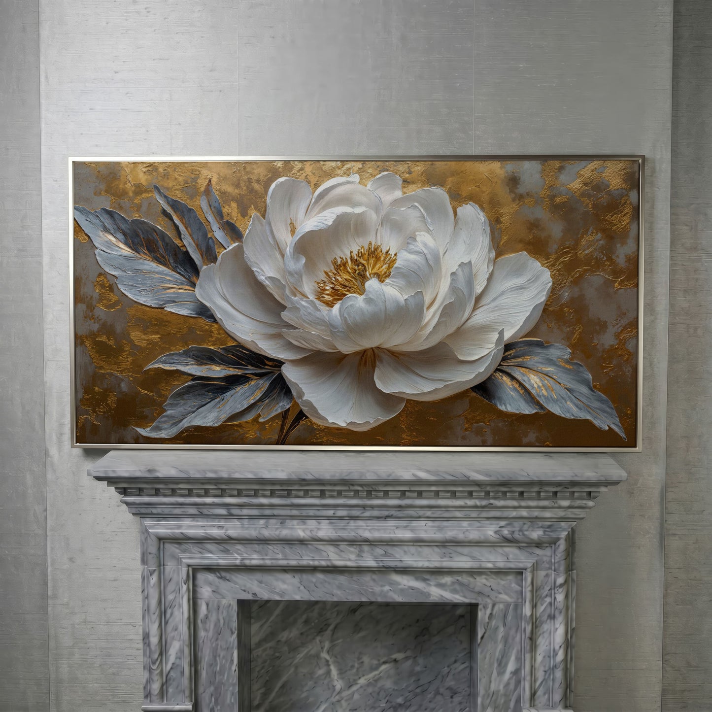 White Blossom Canvas Print, Panoramic Floral Art in silver floating frame