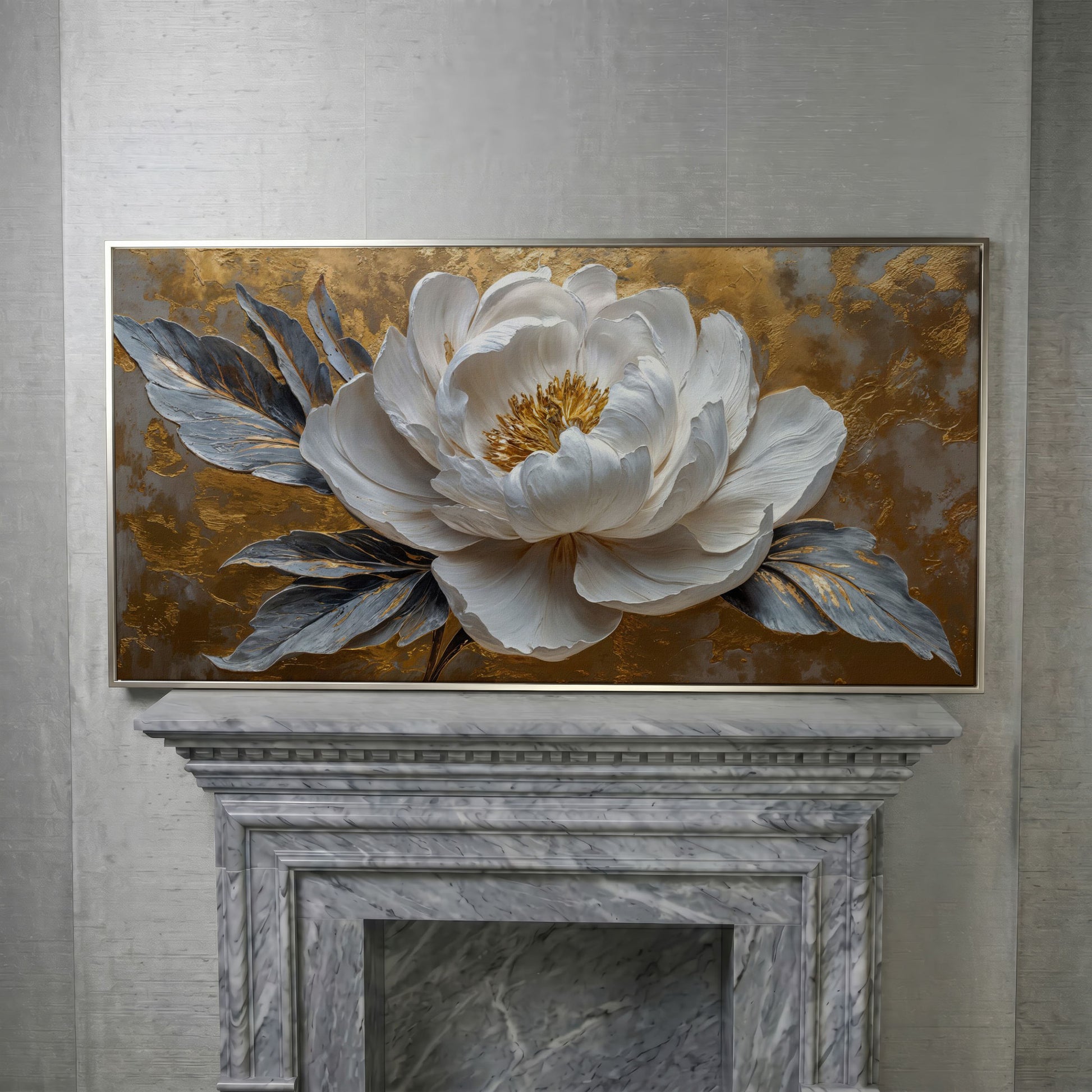 White Blossom Canvas Print, Panoramic Floral Art in silver floating frame