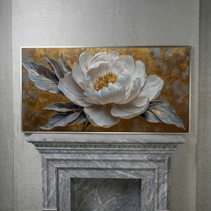 White Blossom Canvas Print, Panoramic Floral Art in silver floating frame
