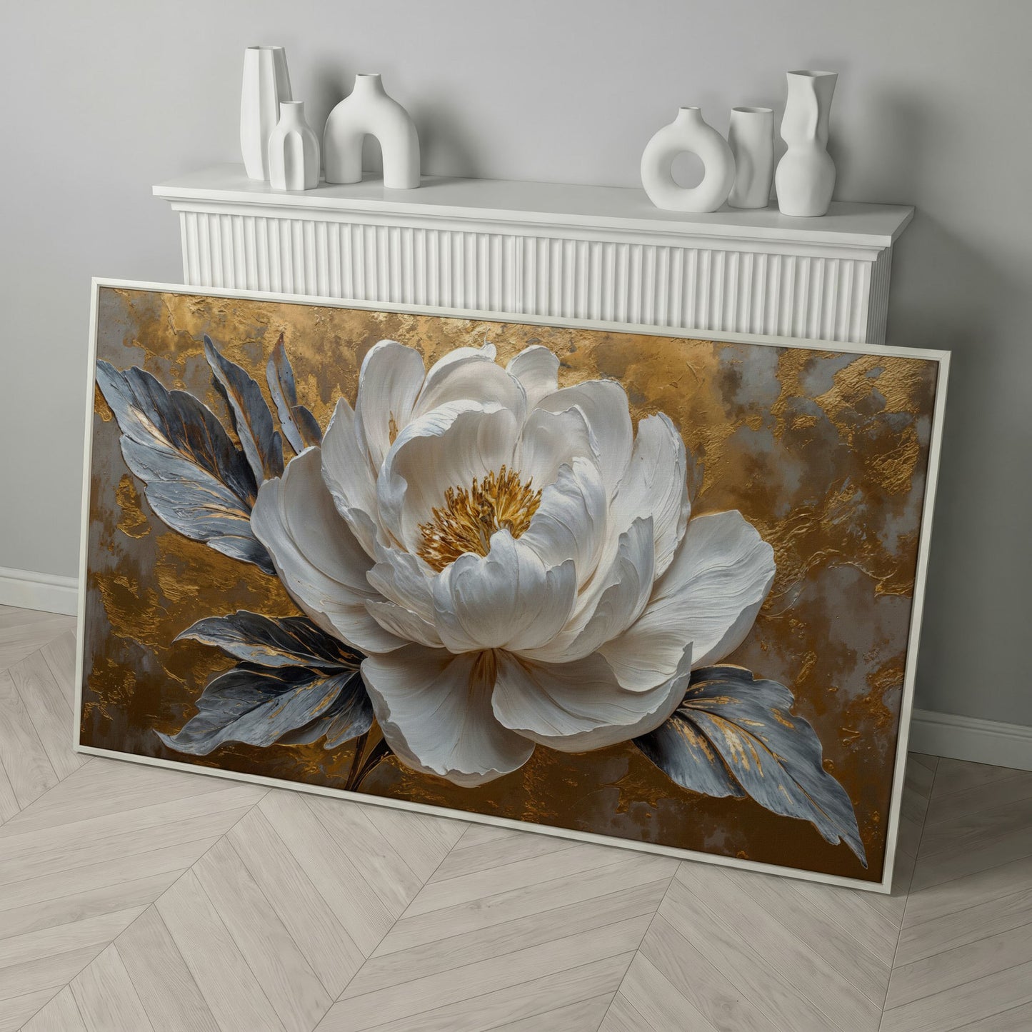 White Blossom Canvas Print, Panoramic Floral Art in white floating frame