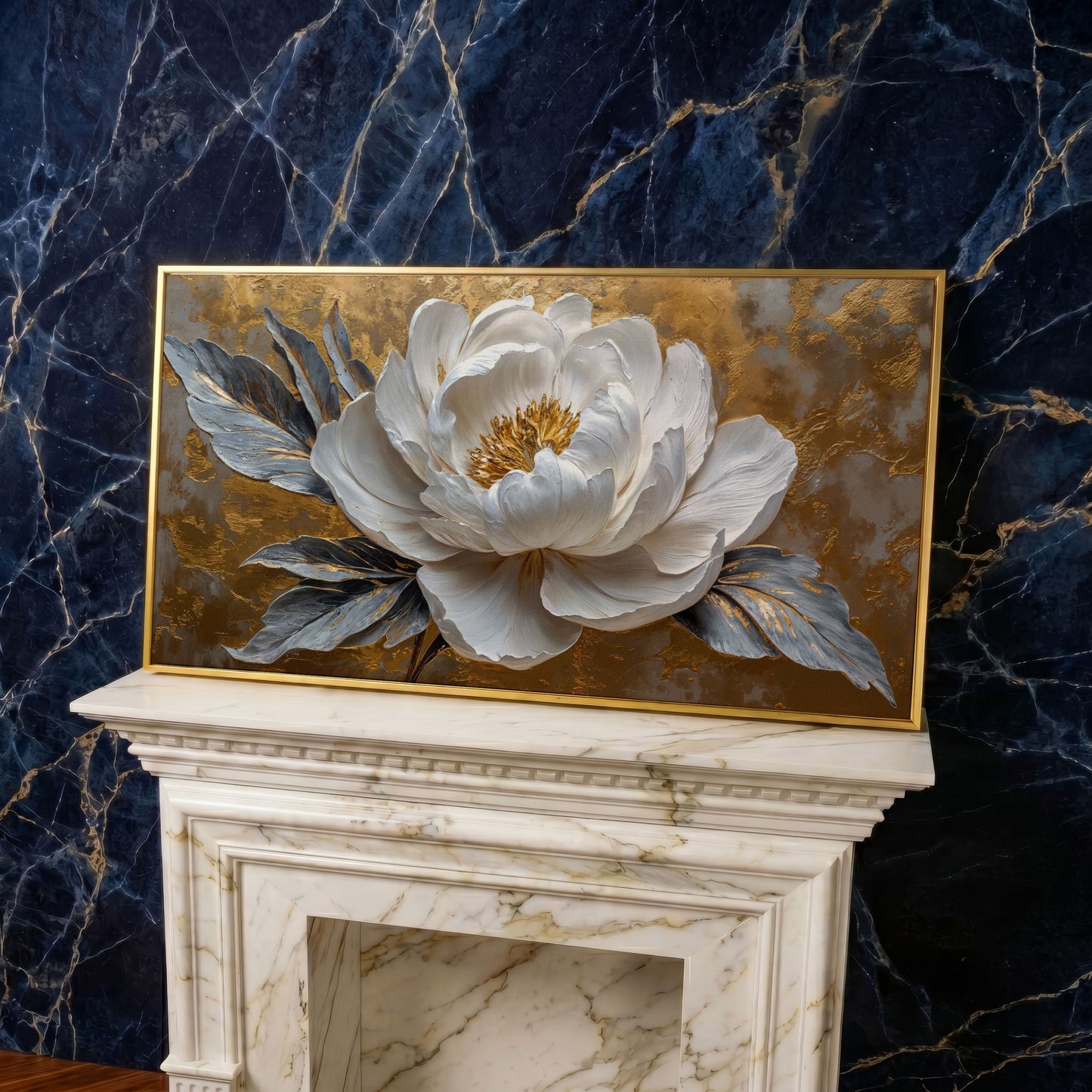 White Blossom Canvas Print, Panoramic Floral Art in yellow gold floating frame