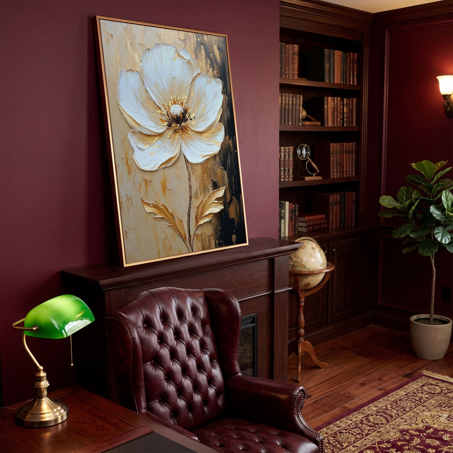 White and Gold Bloom. Large Floral Canvas Wall Art in antique gold floating frame