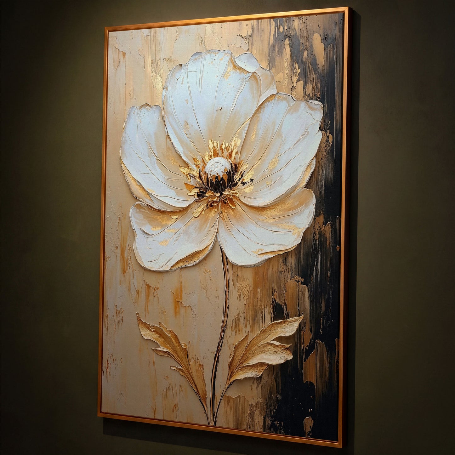 White and Gold Bloom. Large Floral Canvas Wall Art shown in antique gold floating frame
