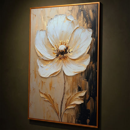 White and Gold Bloom. Large Floral Canvas Wall Art shown in antique gold floating frame