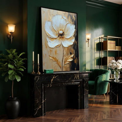 White and Gold Bloom. Large Floral Canvas Wall Art in black floating frame
