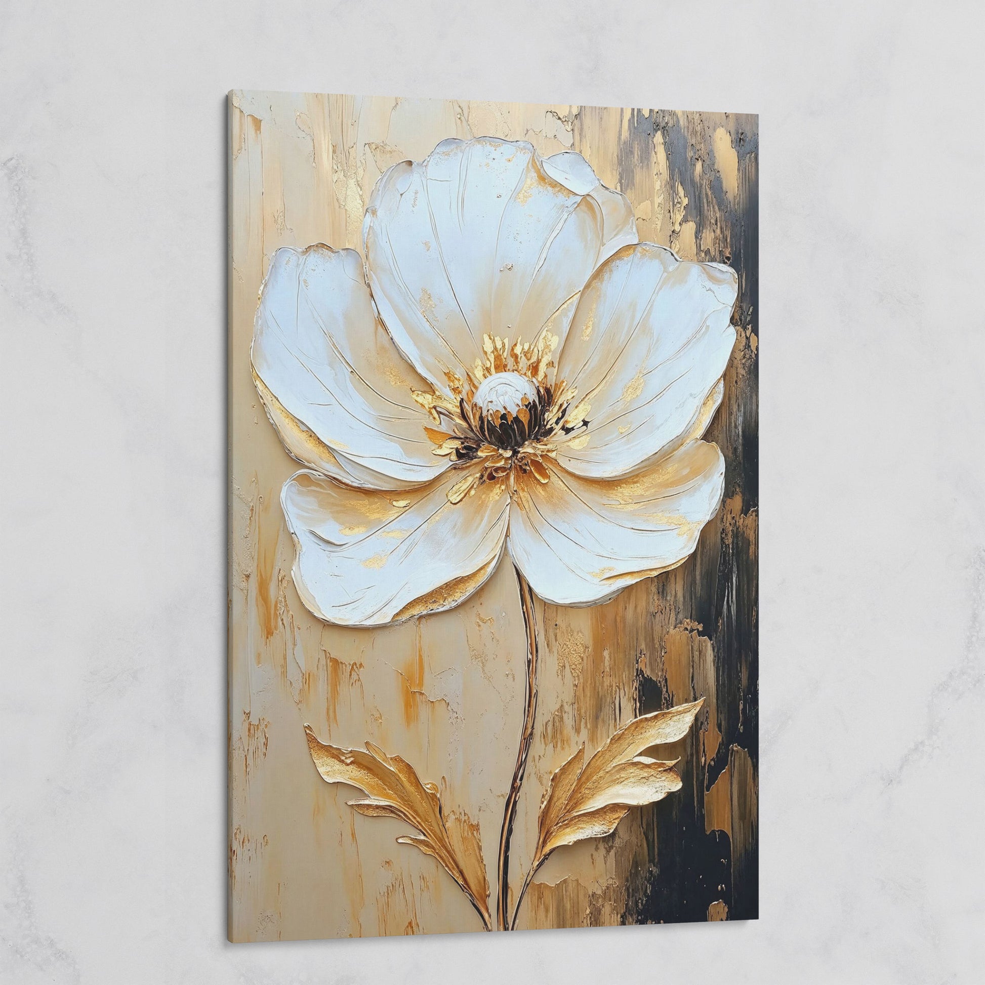 White and Gold Bloom. Large Floral Canvas Wall Art on gallery wrap