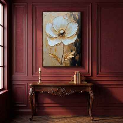 White and Gold Bloom. Large Floral Canvas Wall Art in dark walnut floating frame