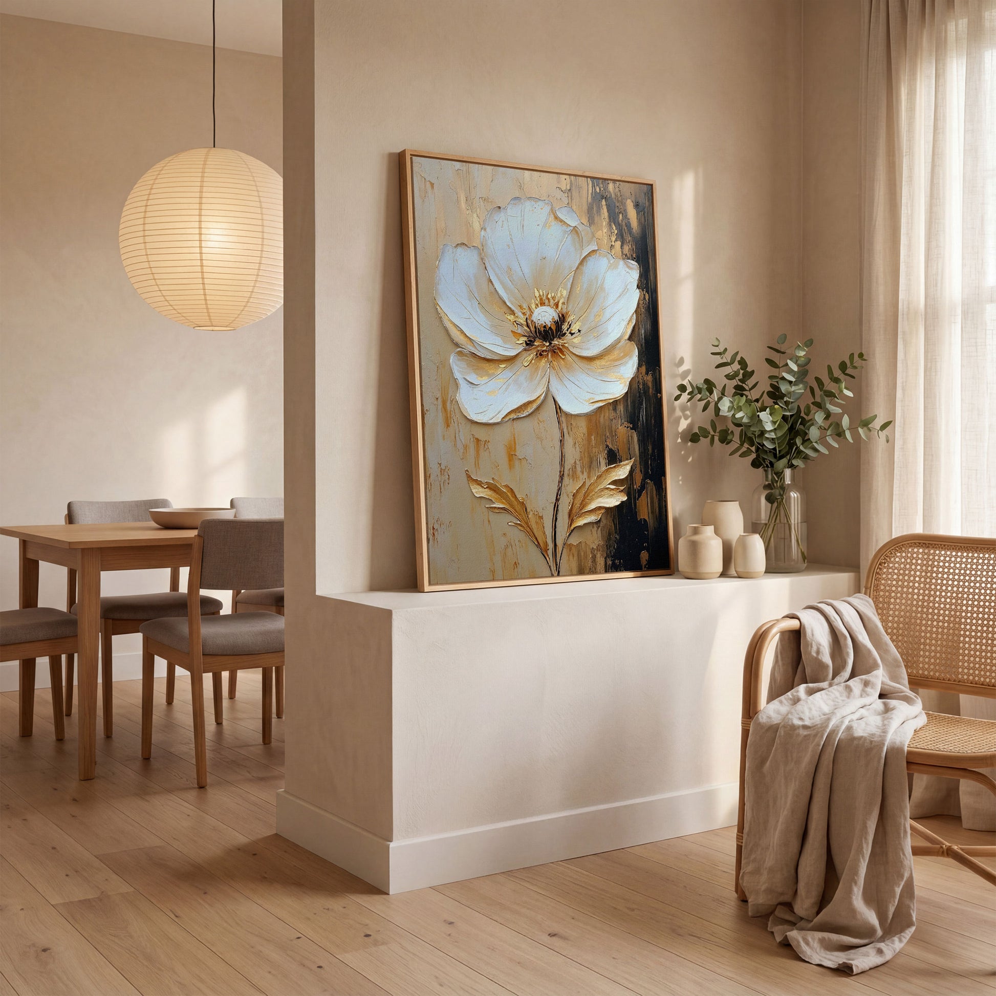 White and Gold Bloom. Large Floral Canvas Wall Art in white oak floating frame