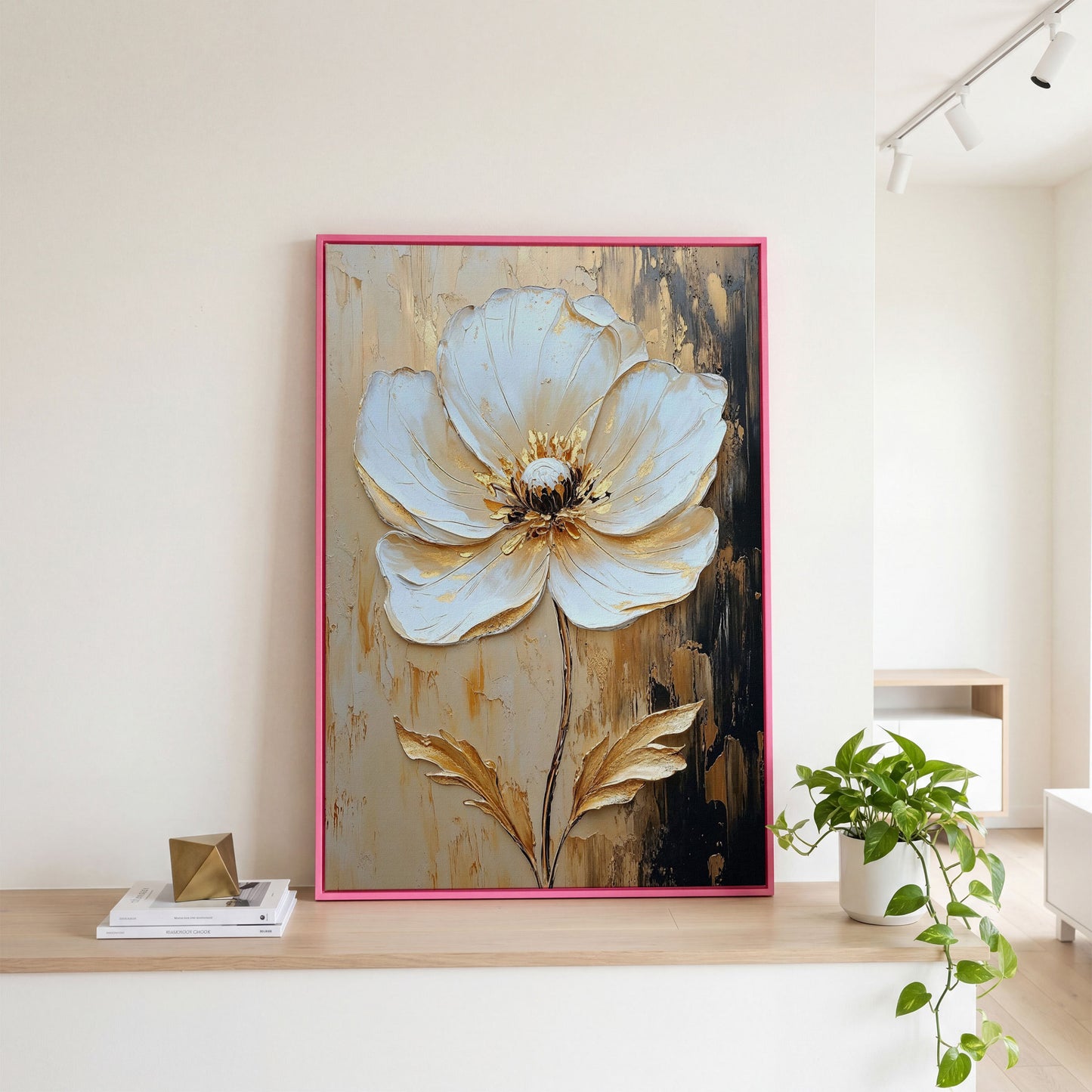 White and Gold Bloom. Large Floral Canvas Wall Art in pink floating frame