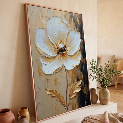 White and Gold Bloom. Large Floral Canvas Wall Art in rose gold floating frame