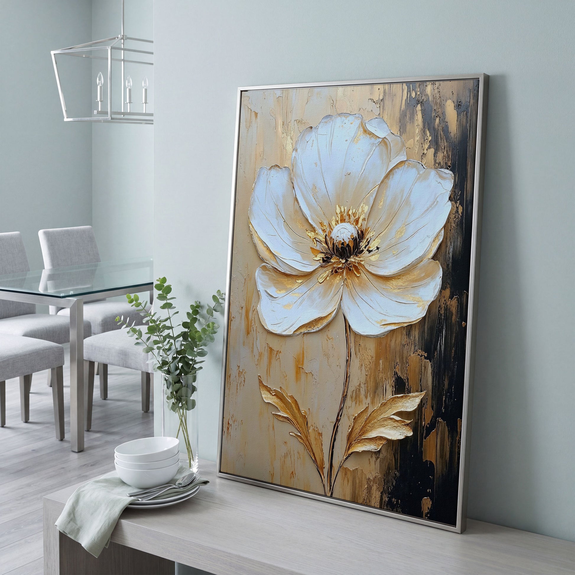 White and Gold Bloom. Large Floral Canvas Wall Art in silver floating frame