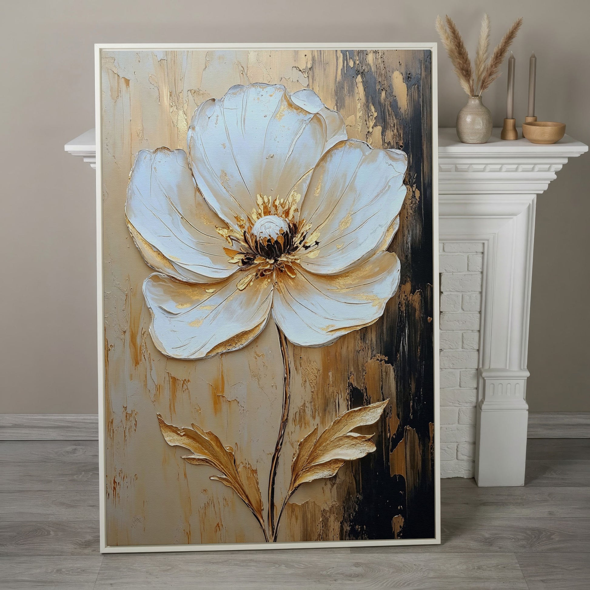 White and Gold Bloom. Large Floral Canvas Wall Art in white floating frame