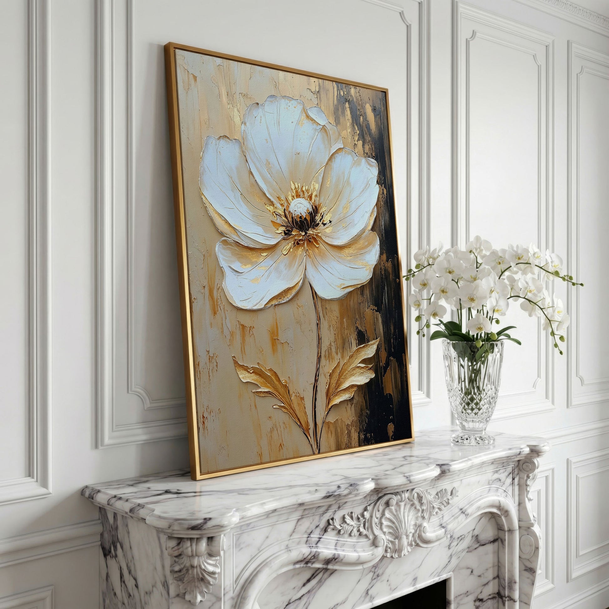 White and Gold Bloom. Large Floral Canvas Wall Art in yellow gold floating frame