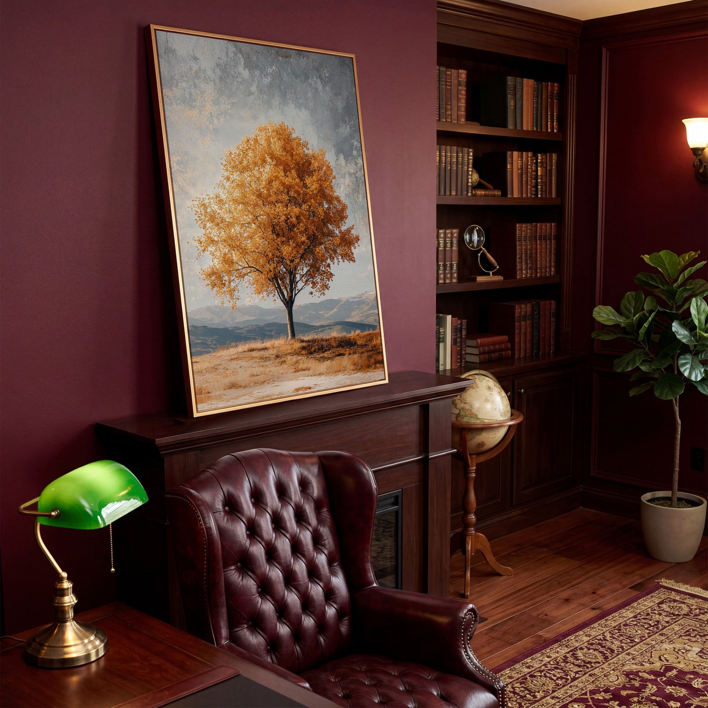 Autumn Tree with Layered Mountains Canvas Print in antique gold floating frame