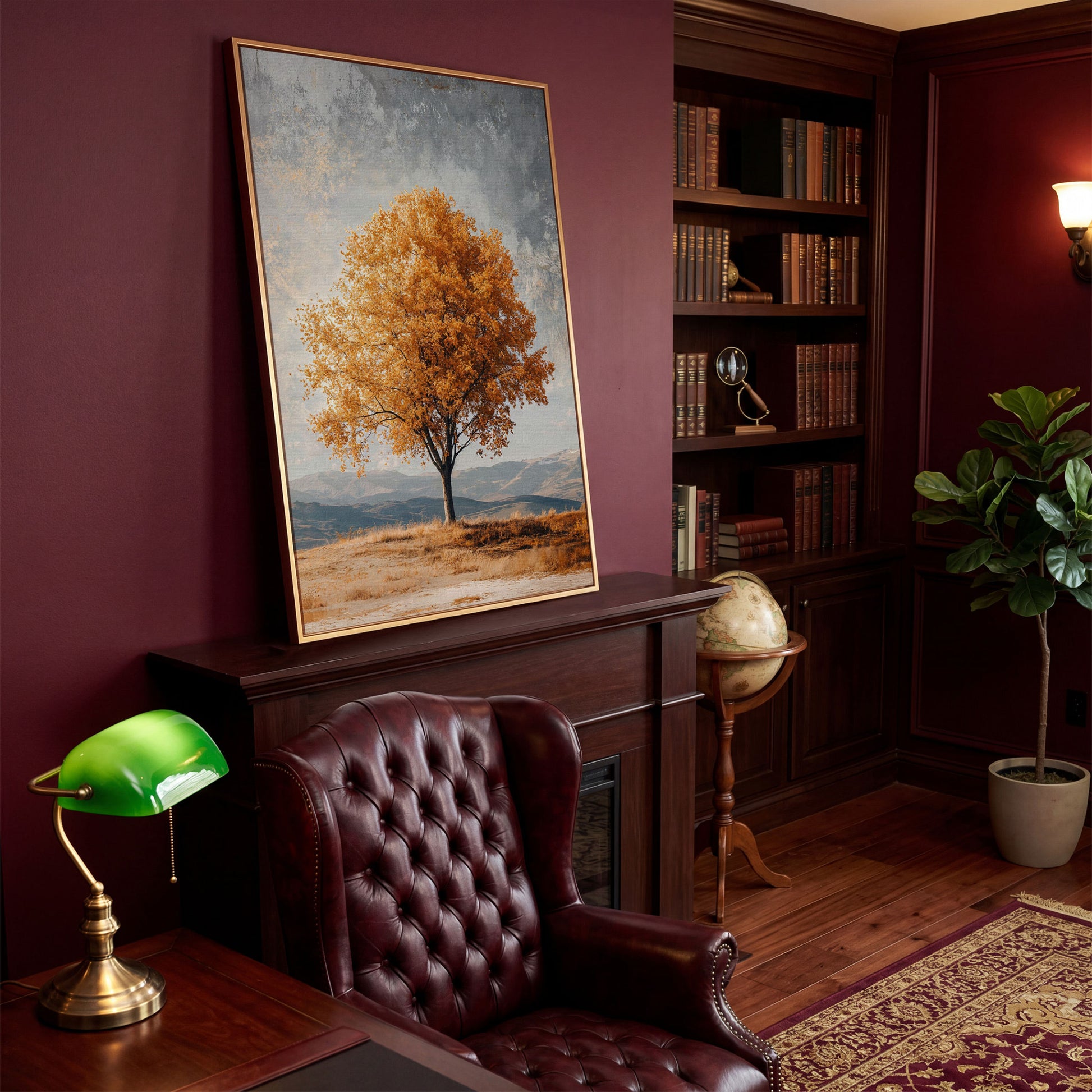 Autumn Tree with Layered Mountains Canvas Print in antique gold floating frame