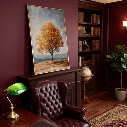 Autumn Tree with Layered Mountains Canvas Print in antique gold floating frame