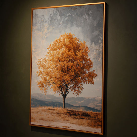 Autumn Tree with Layered Mountains Canvas Print shown in antique gold floating frame