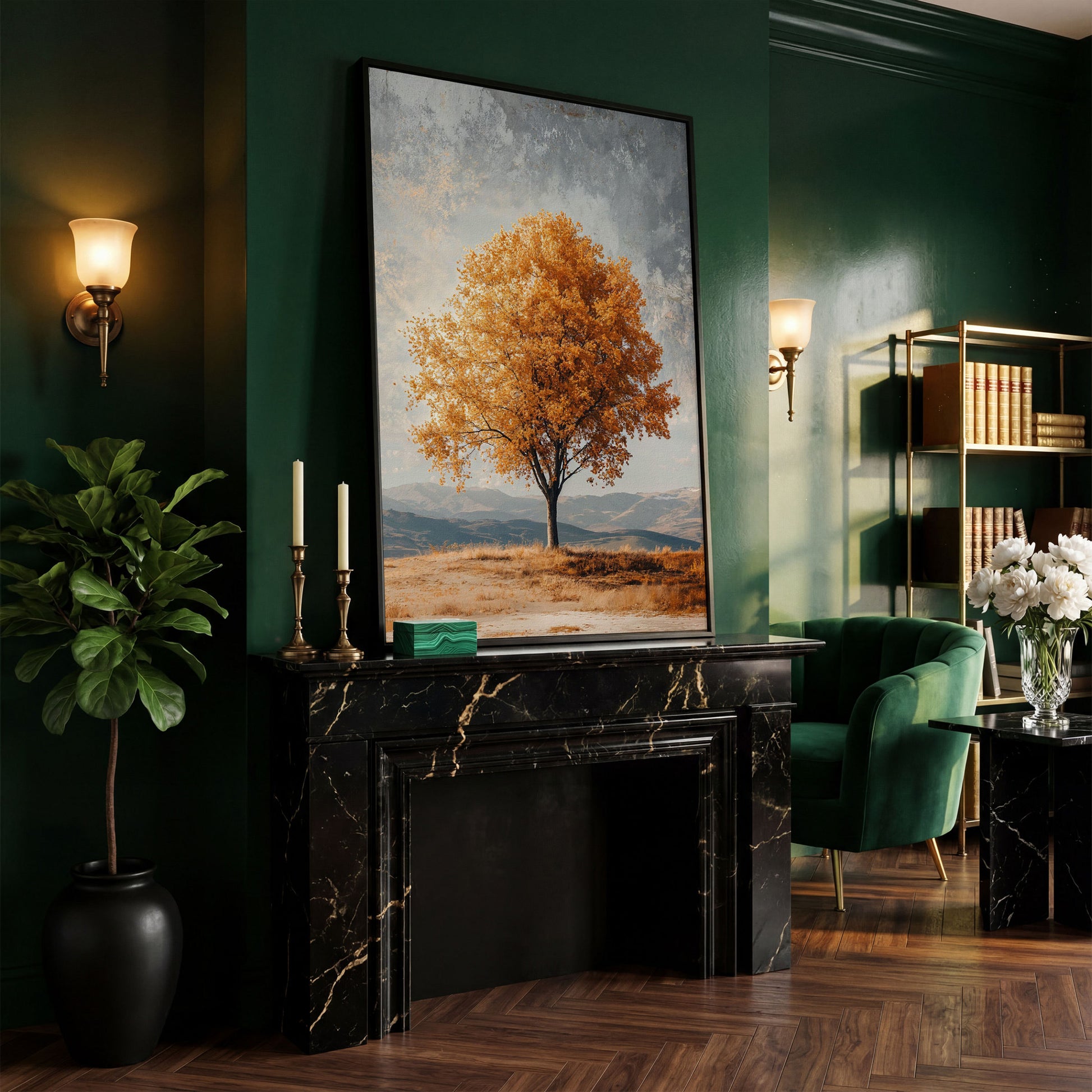 Autumn Tree with Layered Mountains Canvas Print in black floating frame