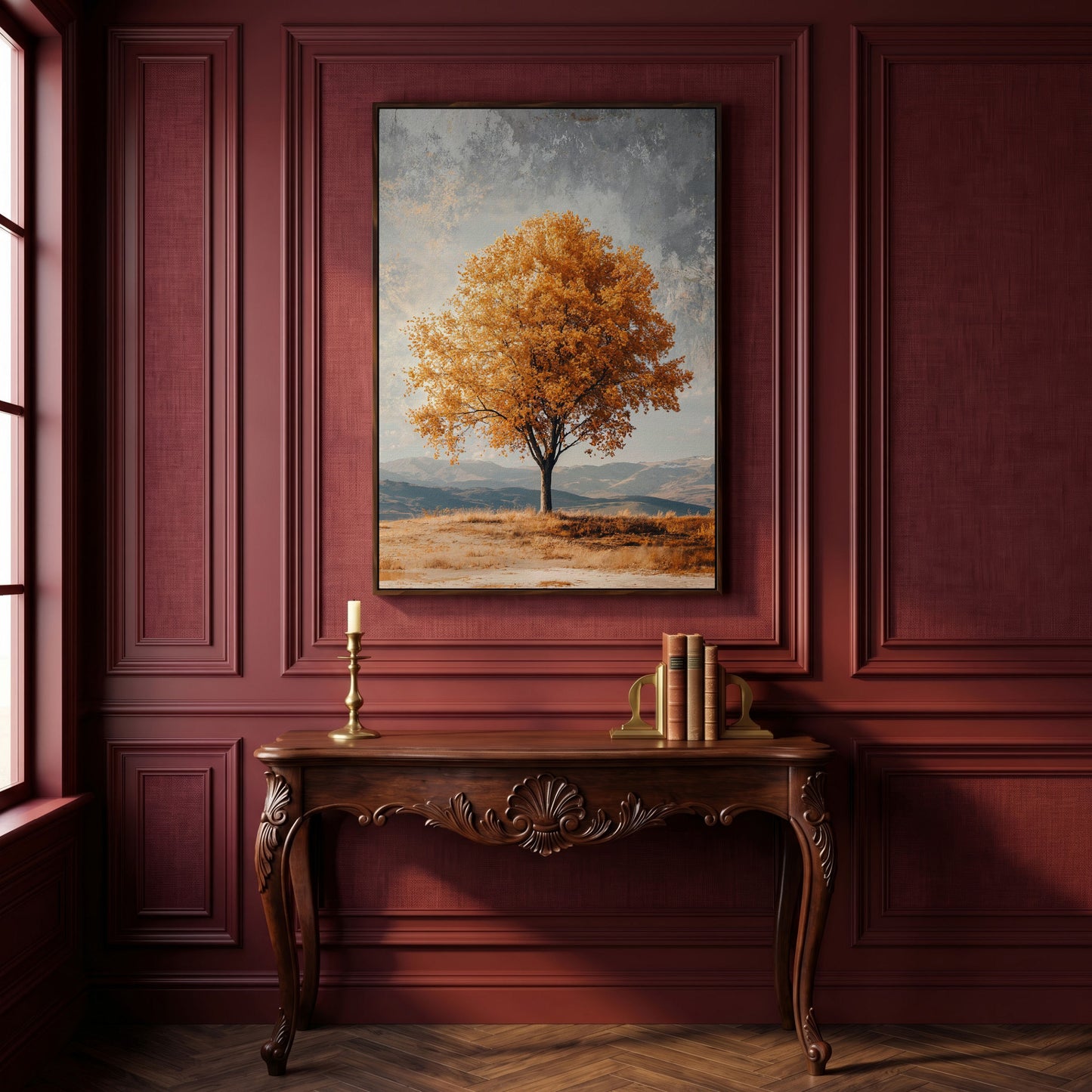 Autumn Tree with Layered Mountains Canvas Print in dark walnut floating frame