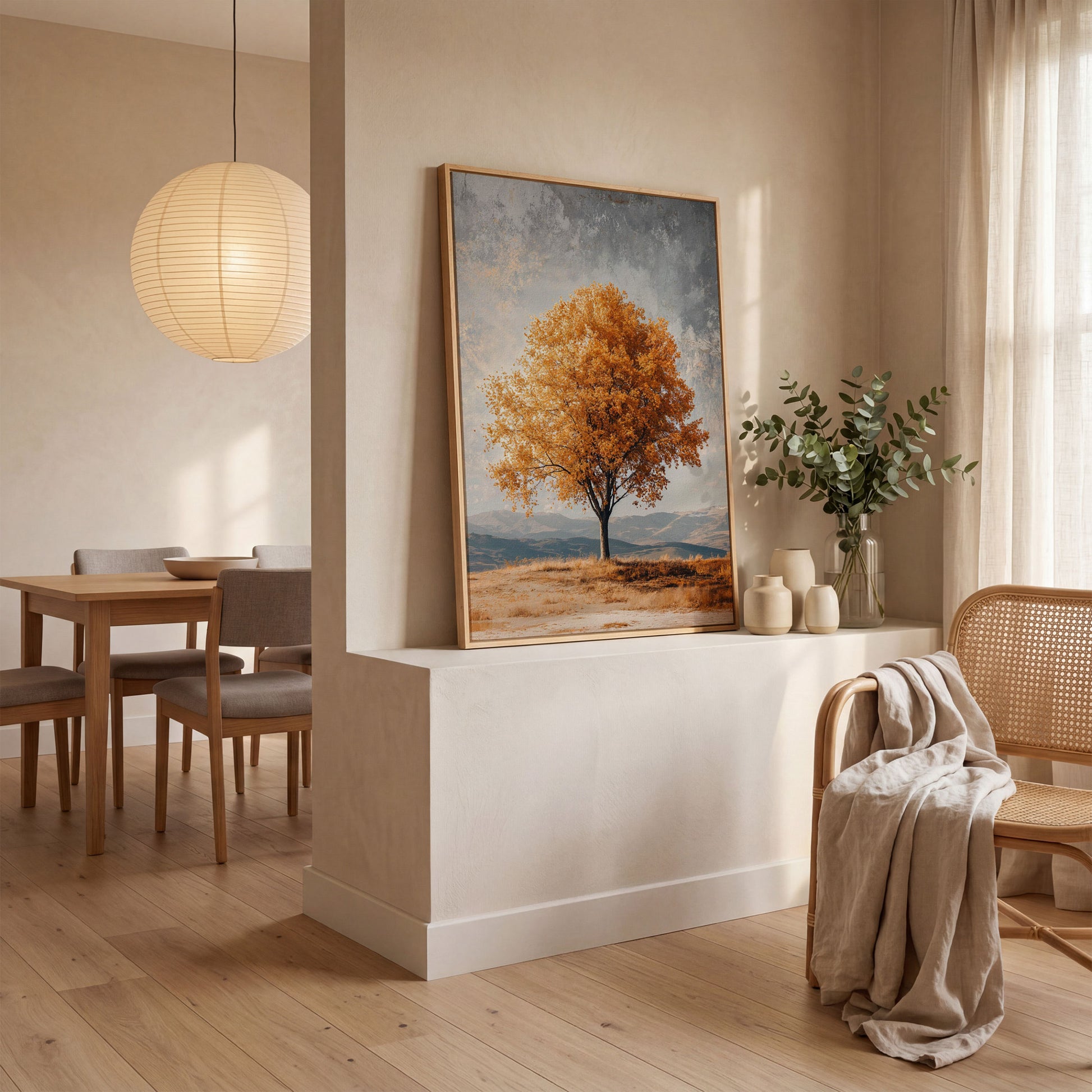 Autumn Tree with Layered Mountains Canvas Print in white oak floating frame