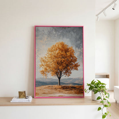 Autumn Tree with Layered Mountains Canvas Print in pink floating frame