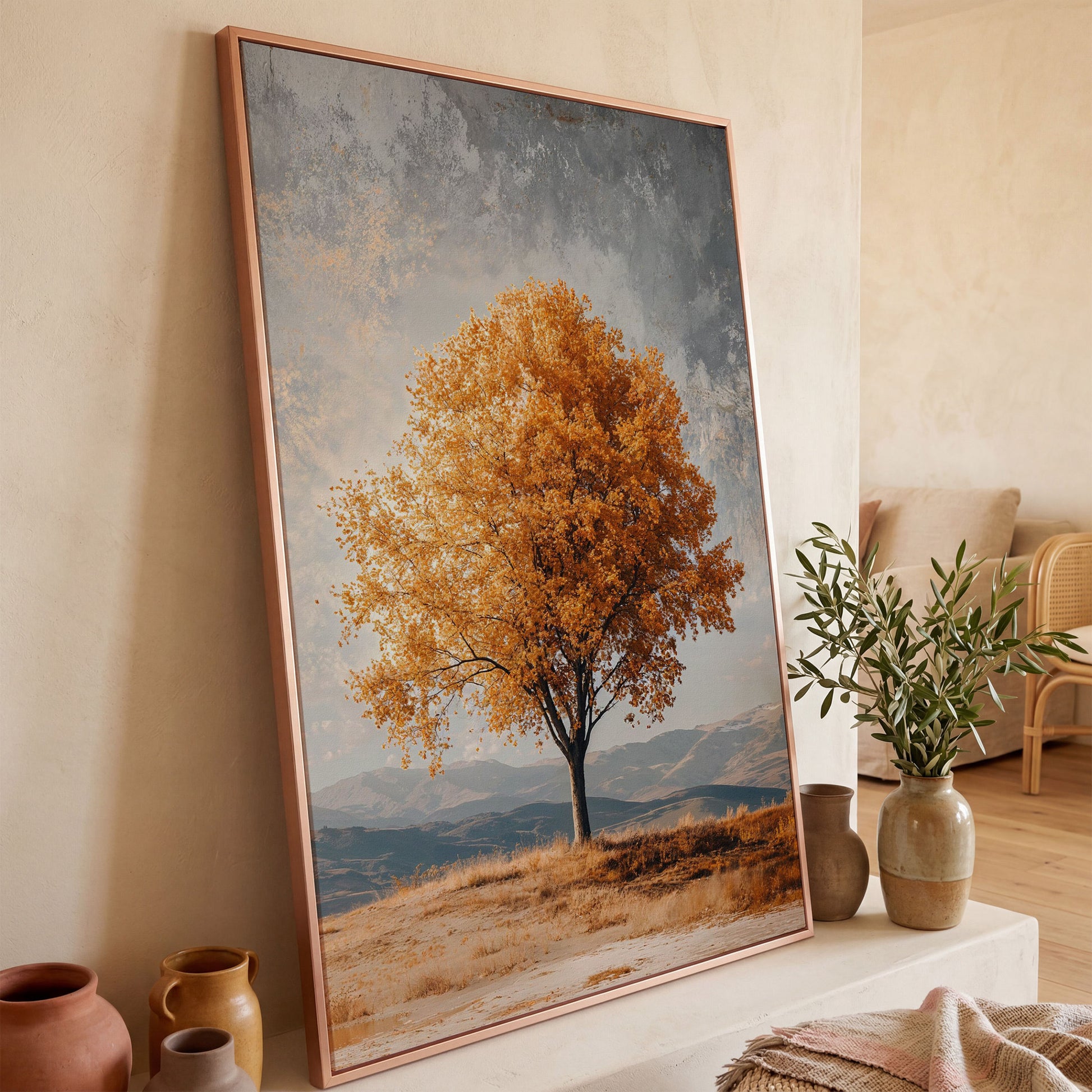 Autumn Tree with Layered Mountains Canvas Print in rose gold floating frame
