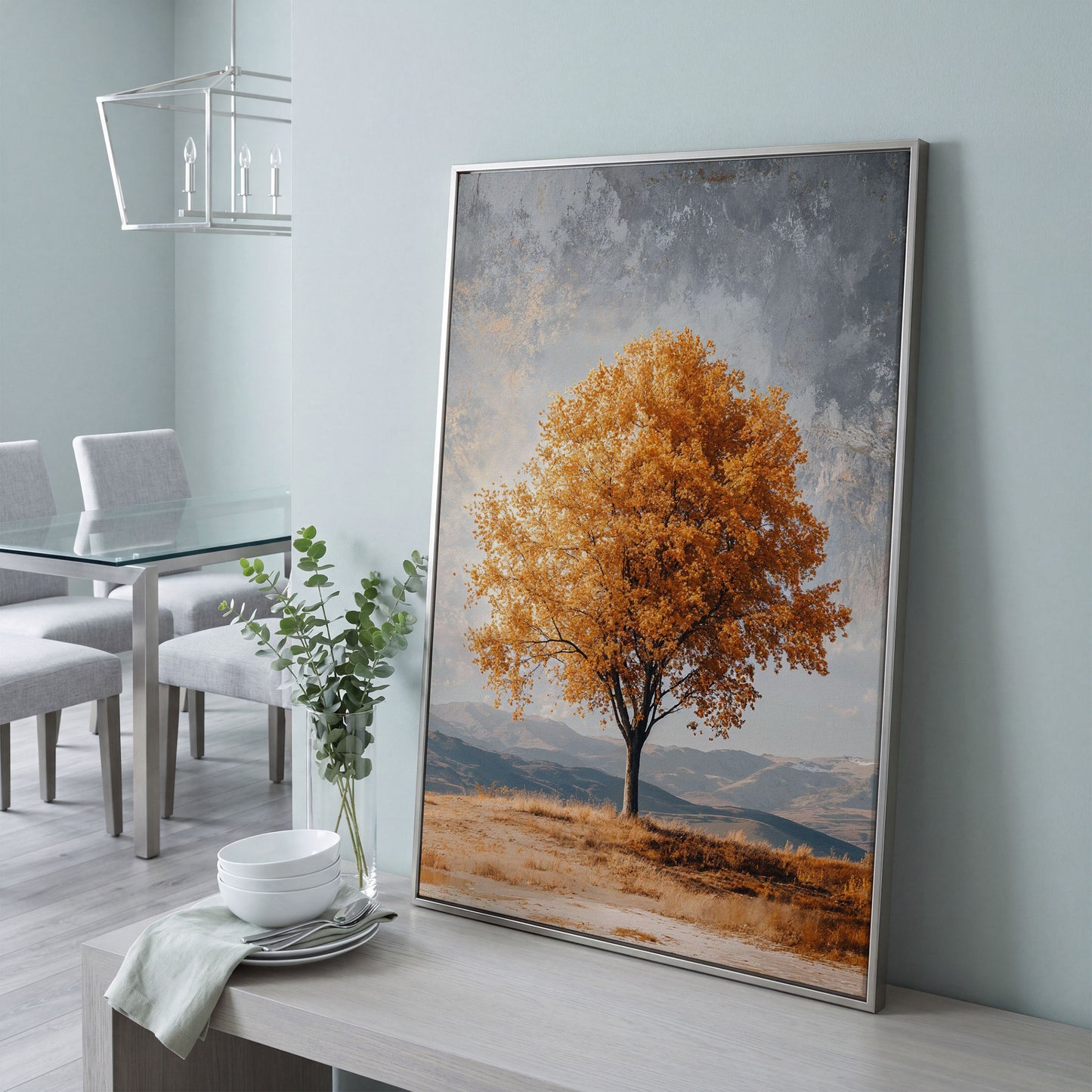 Autumn Tree with Layered Mountains Canvas Print in silver floating frame