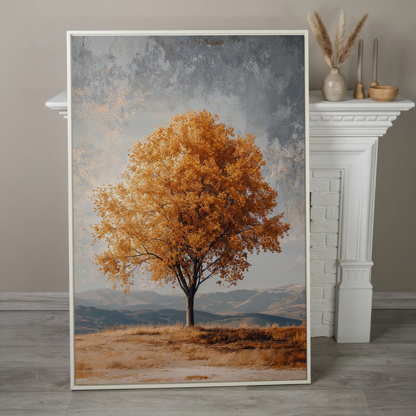 Autumn Tree with Layered Mountains Canvas Print in white floating frame