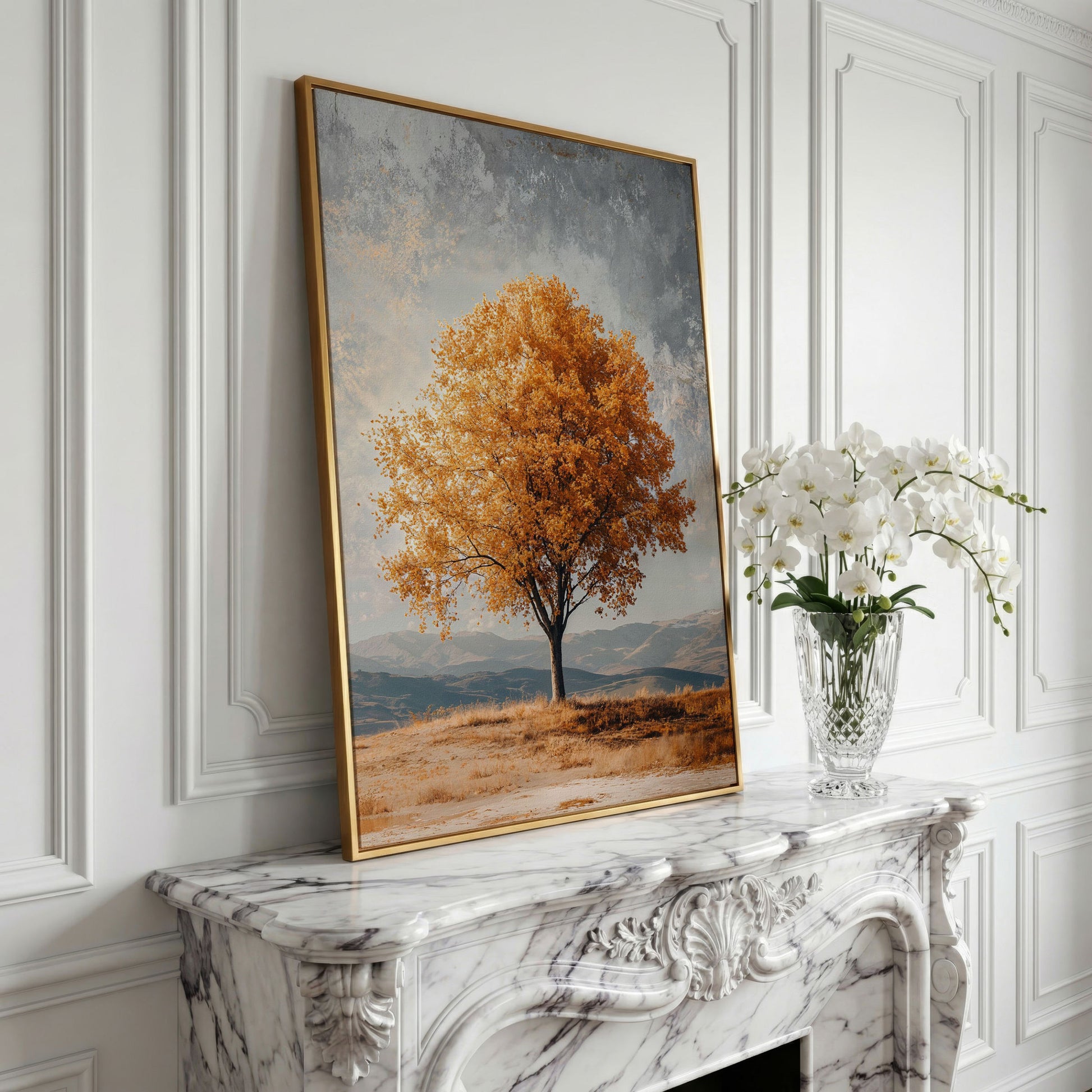 Autumn Tree with Layered Mountains Canvas Print in yellow gold floating frame