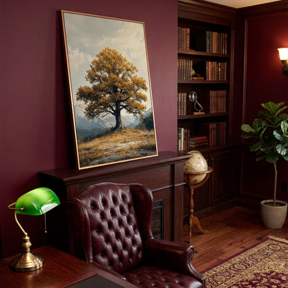 Autumn Tree and Mountain Landscape Canvas in antique gold floating frame