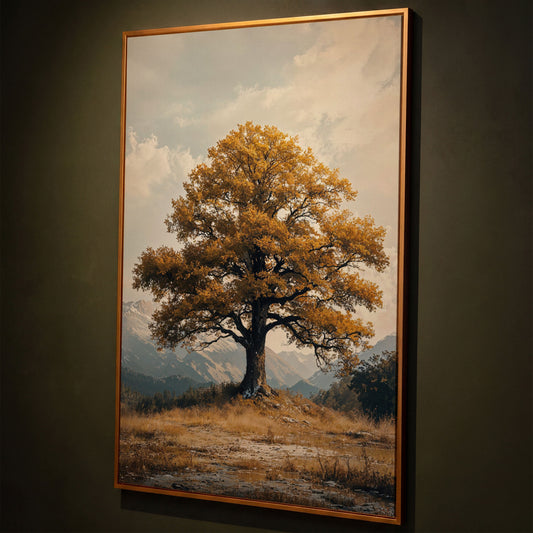 Autumn Tree and Mountain Landscape Canvas shown in antique gold floating frame
