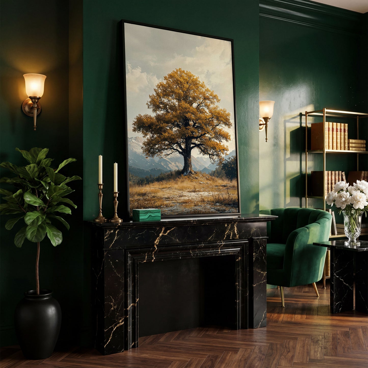 Autumn Tree and Mountain Landscape Canvas in black floating frame